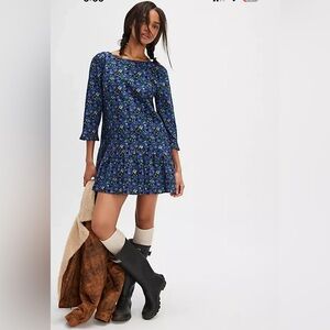 Free people blue floral the avenue mini dress nwot Xs